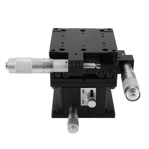 Aluminum 80X80mm Sliding Table Linear Stage With Precision Bearings Black Anodized Finish Built For Lab Positioning And Fine Tuning Capacitive Sensor Alignment And Mechanical Gear Tweaks, front view.