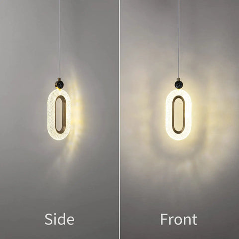 Side and front view of Pendant Lighting for Kitchen Island LED Dimmable Modern Gold Brushed Brass Mini Pendant Lights with Circular Diamond Textured Acrylic Accents 2 Pack