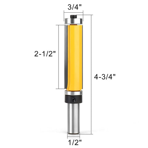 Heavy Duty Flush Trim Router Bit Featuring Dual Precision Bearings 1/2 Inch Shank 2-1/2 Inch C3 Carbide Blade dimensions 4-3/4 x 3/4 x 2-1/2 inches