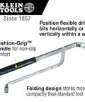 Front view of Klein Tools 53715SEN flex bit placement tool with black cushion-grip handle and folding metal frame