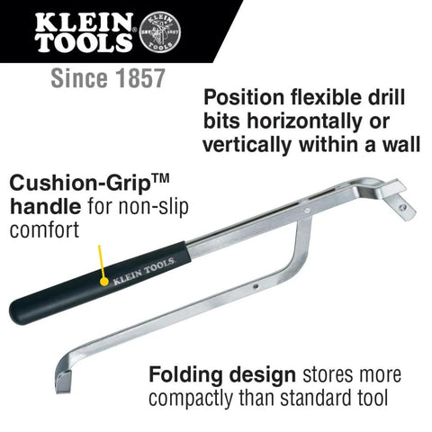 Front view of Klein Tools 53715SEN flex bit placement tool with black cushion-grip handle and folding metal frame