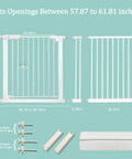 Walk Through Baby Gate For Narrow Doorways With Auto Close Pressure Mounted White Metal Safety Gate with dimensions and components.