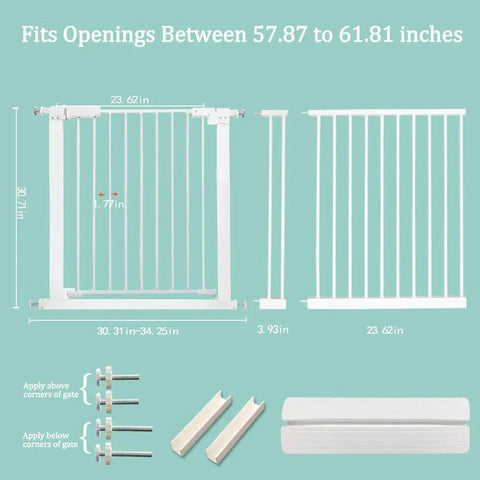 Walk Through Baby Gate For Narrow Doorways With Auto Close Pressure Mounted White Metal Safety Gate with dimensions and components.