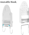 Wall Mounted Ironing Board Rack With Iron Holder And Bathroom Shelf for space saving, shown with removable hook feature