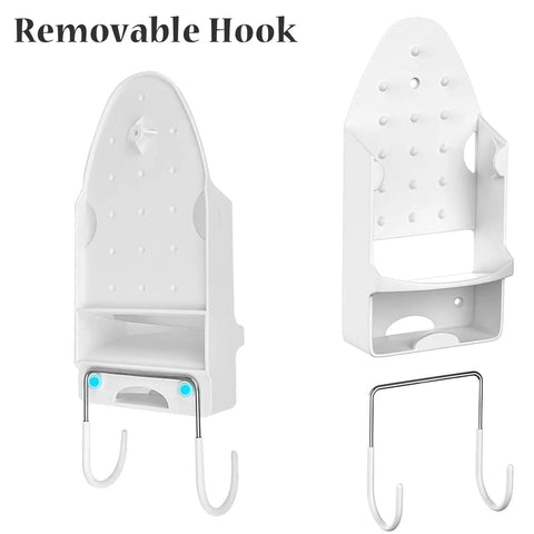 Wall Mounted Ironing Board Rack With Iron Holder And Bathroom Shelf for space saving, shown with removable hook feature