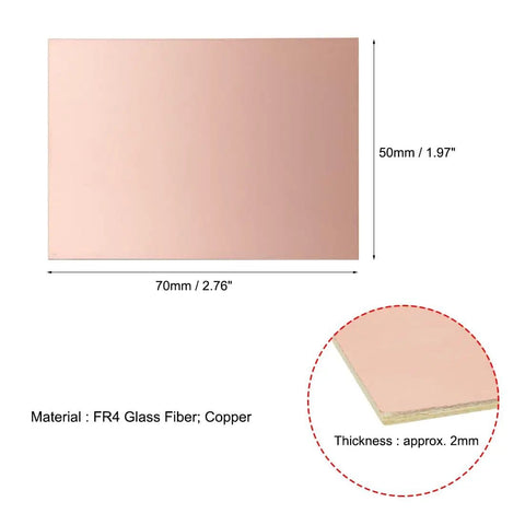 Five 70x50mm Double Sided Copper Clad FR4 PCB Boards, 2mm Thick, DIY Prototyping Kit For Makers And Electronics Nerds, dimensions shown
