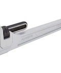 36 Inch Aluminum Pipe Wrench With Forged Wide Jaws And Lightweight I Beam Design For Beefy Torque shown from side angle.