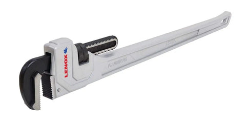 36 Inch Aluminum Pipe Wrench With Forged Wide Jaws And Lightweight I Beam Design For Beefy Torque shown from side angle.
