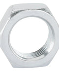 Left Hand 11/16 Inch 18 NF Jam Nuts, Heavy Duty Locknuts for Rod Ends, Tie Rods and Heim Joints, Thin Profile for Extra Thread Length, Zinc Plated Steel, Rust Resistant, Pack of 6 for Easy Replacements, close-up of zinc-plated hex jam nut