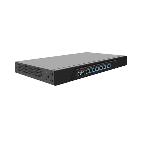 Top Tier 10GbE Firewall Router PC Built Tough For PfSense And OPNsense Workflows showing a compact 1U chassis with eight Gb LAN ports.