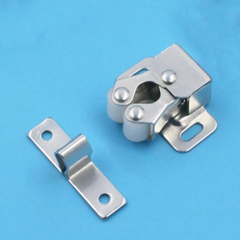 8 Piece Silver Steel Ball Latches For Cabinet Doors with low profile catch on blue background