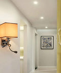 Totally Adjustable Swing Arm Wall Sconce With Soft Fabric Shade And Classic E27 Mount Smooth Painted Steel Frame in hallway.