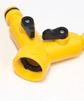 100 Pack Heavy Duty Yellow Hose Splitter Connectors Built For 12 Mm And Half Inch Bore Pipes With Two Male Outlets One Female Inlet Plus Handy Shut Off Valves For Quick Yard Jobs, close-up of yellow splitter.