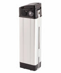 Built Tough Aluminum And Plastic Electric Bike Battery Case For 36V And 48V Lithium Batteries side view, rugged design, offers quick charging port.