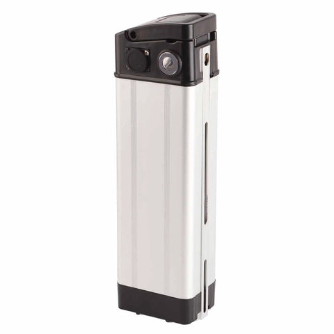 Built Tough Aluminum And Plastic Electric Bike Battery Case For 36V And 48V Lithium Batteries side view, rugged design, offers quick charging port.