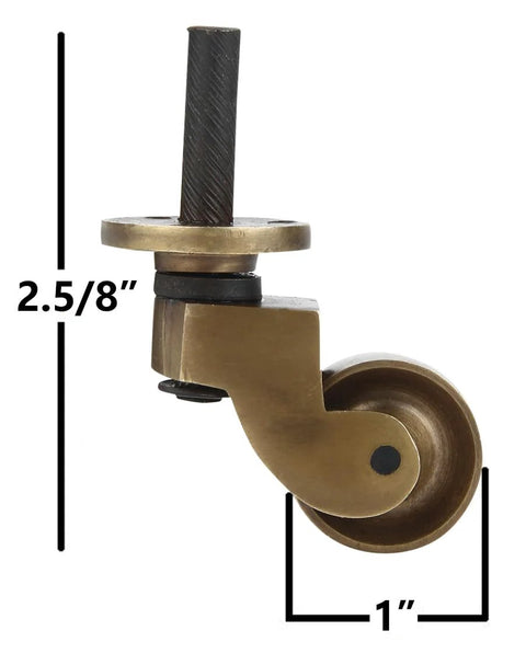 Side view of Heavy Duty Brass Stem Caster with 1-inch wheel and 2.5/8 height, antique brass finish for chairs and tables.