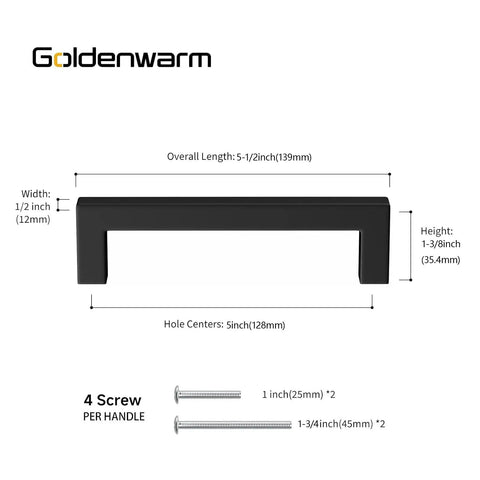 15 Pack Black Stainless Steel Drawer Pulls Modern Kitchen Cabinet Handles Dope Sleek Hardware For Cupboard Center To Center 5 Inch 128mm Durable Anti Corrosion diagram with dimensions and screws shown