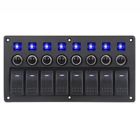8 Gang Switch Panel 12V 24V Waterproof On Off Rocker LED Panel Switch With Breakers For Boat Marine Car Blue Light Durable