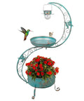 Bird Bath With Flower Planter Base And Solar Lighting Pedestal For Outdoors, vintage style with red flowers and hummingbird