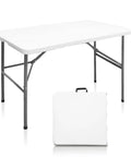 Heavy Duty 4 Foot Folding Table For Indoor Outdoor Use With Handle Portable Square Dining Card Table Waterproof Durable Plastic Top 330 Lb Weight Capacity Ideal For Picnics Parties Camping And More shown open and folded