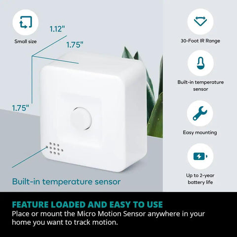 Smart Motion Sensor For Home Automation And Security With Zigbee, features and specifications shown, compact white design