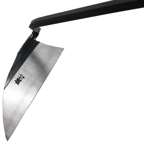 Beast Sharp Japanese Weeding Tool for Quick Easy Garden Weeding Long Nejiri Gama Hand Sickle with 4.8 inch blade, close-up view.