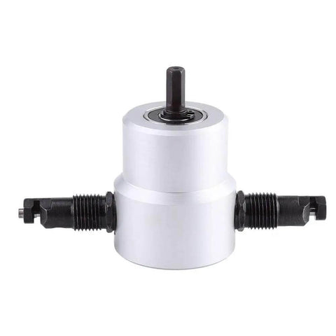 Dual Head Metal Sheet Nibbler Cutter Kit With 360 Degree Adjustable Punch, silver drill attachment shown with dual cutting heads