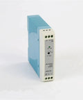Rugged Industrial Rail Mounted 20W 12V Switching Power Supply MDR20W12V For Control Panels And Automation Compact High Efficiency Unit Built To Last In Harsh Environments Tough As Nails. DIN rail PSU with blue metal housing