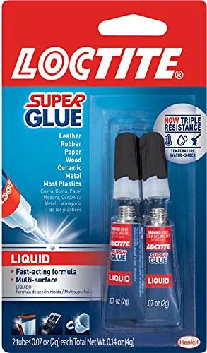 Loctite Super Glue Liquid; two-pack, clear 0.07 oz tubes in red/blue packaging for plastic, wood, metal