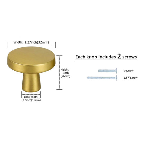 Brass cabinet knob with dimensions and screws, similar to 50 Pack Matte Black Drawer Knobs for Cabinets and Dressers One And A Quarter Inch Diameter Zinc Alloy Knobs With Base Diameter Five Eighth Inch And Three Inch Projection Durable Farmhouse Style Kitchen Cabinet Pulls