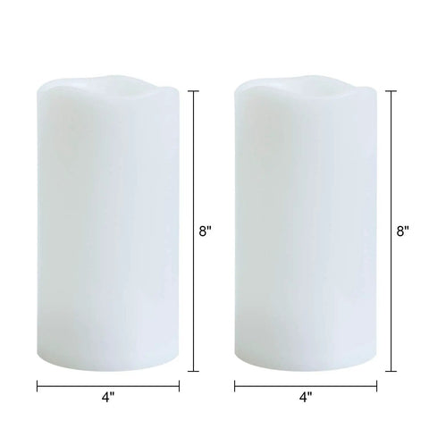 Two white flameless LED pillar candles with 3D flicker wick, 8 inches tall, 4 inches diameter each, made of real wax.
