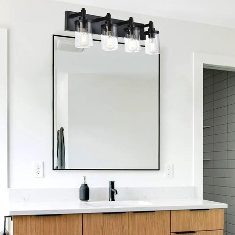 Bathroom mirror with 4 Light Vanity Fixture With Crystal Clear Glass Shades In Matte Black Industrial Style For Over Mirror In Bathrooms And Powder Rooms.