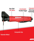 Side view of Silencing Tech 1 HP 14,000 RPM 4 Inch Composite Cut Off Tool With Ergonomic Handle Ultra Quiet 89 dBA