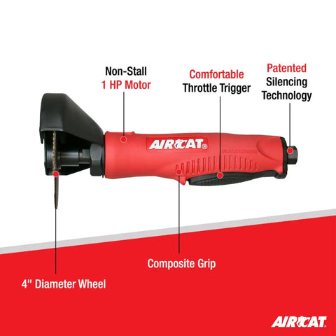 Side view of Silencing Tech 1 HP 14,000 RPM 4 Inch Composite Cut Off Tool With Ergonomic Handle Ultra Quiet 89 dBA