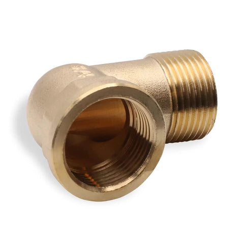 Front view of brass 3/4in male to 3/4in female 90-degree elbow adapter with threaded ends.