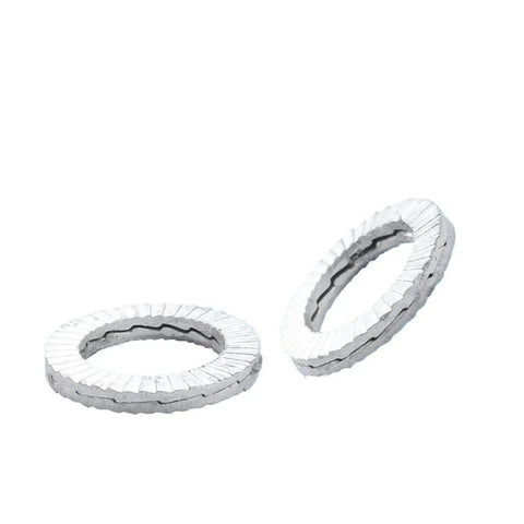Heavy Duty Double Deck Wedge Lock Washer Featuring Cam Lock Design And Thread Bite Grip for Secure Bolting, two metal washers.