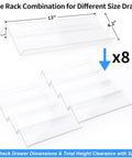 Heavy Duty Clear Acrylic Spice Drawer Organizer 4 Tier 2 Pack Slick Expandable Seasoning Rack dimensions showing 8 tier pieces.