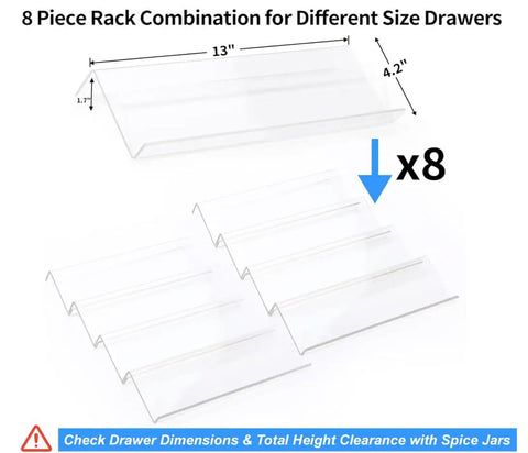 Heavy Duty Clear Acrylic Spice Drawer Organizer 4 Tier 2 Pack Slick Expandable Seasoning Rack dimensions showing 8 tier pieces.