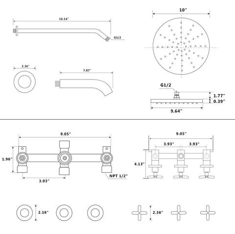 Technical diagram of a Matte Black 10 Inch Rainfall Shower Head With Tub And Shower Trim Kit And Rough In Valve.