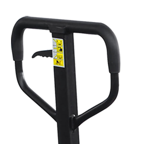 Close-up of the handle of a Heavy Duty Manual Pallet Jack Truck With 5500 Lbs Capacity, featuring safety loop and control valve.