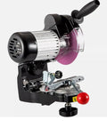 Heavy Duty Electric Chainsaw Bench Grinder With Dual Grinding Wheels Multi Angle Precision Sharpener on a black base.