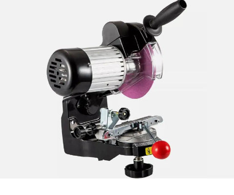 Heavy Duty Electric Chainsaw Bench Grinder With Dual Grinding Wheels Multi Angle Precision Sharpener on a black base.