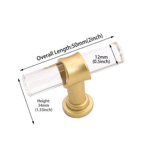 Close-up of 15 Pack Clear Acrylic Dresser Knobs With Gold Brass Tone Zinc Alloy Bases For Bathroom And Cabinet Drawers, 2 Inch Length, Mounting Screws Included, Modern Easy Install Hardware PH9165GD showing dimensions.