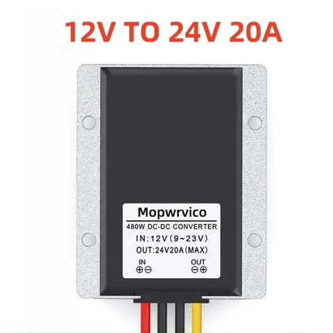 Heavy Duty Dc Step Up Voltage Regulator 12V To 24V 20 Amps 480W Waterproof module with input and output labeled.