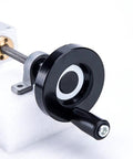 Close view of handwheel and bracket from T8 Lead Screw Set For 3D Printers And CNC Machines, featuring black handle and stainless steel components.