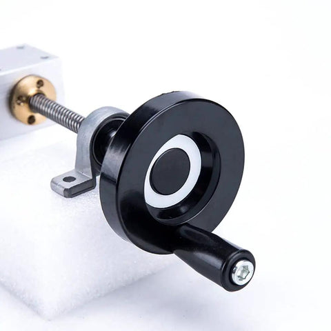 Close view of handwheel and bracket from T8 Lead Screw Set For 3D Printers And CNC Machines, featuring black handle and stainless steel components.