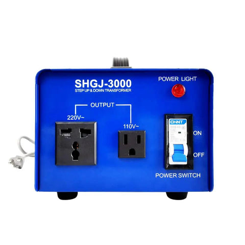 Front view of Beefy 3000W Voltage Transformer And Power Converter Step Up And Step Down 110V To 220V with power outlets
