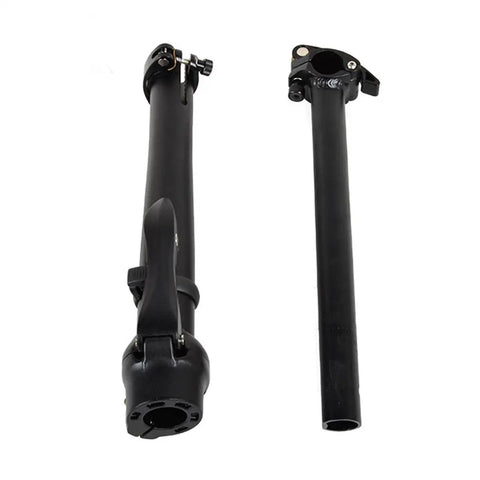 Folding Bike Stem With Quick Release Right Fold Durable Aluminum Alloy Adjustable Stem Without Teeth Fits 25.1 26.5mm Handlebars And 28.6mm Fork Clamp 460mm Length Black, showing two angled views.