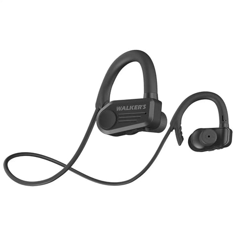Black Shooting Ear And Hearing Protection Wireless Bluetooth Earbuds With ATACS Tech showing around-the-ear hook and neck strap