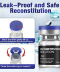 Instructions for using reconstitution solution with a 5ml vial, highlighting leak-proof and safe reconstitution process.